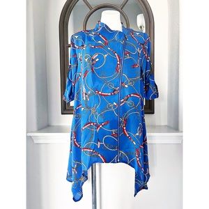 NEW Feratelli Tunic Blue Status Print Blouse Top Blue, Size L New with Tag